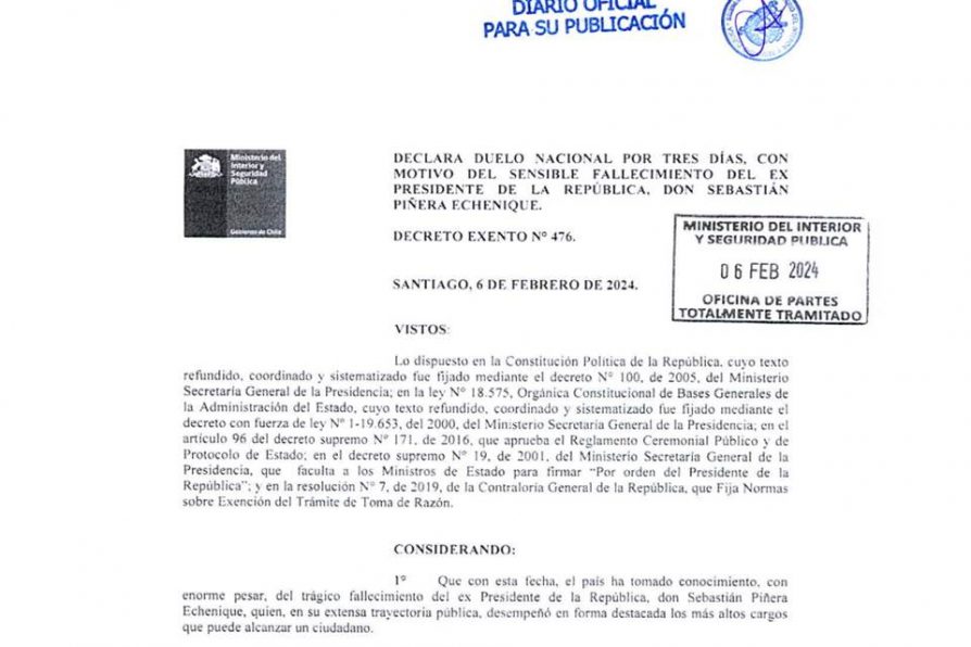 DECLARACIÓN DE DUELO NACIONAL POR EL FALLECIMIENTO DEL EX PRESIDENTE DE LA REPÚBLICA, SEBASTIÁN PIÑERA ECHENIQUE